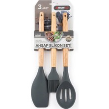 TemmuzX 3 Parça Ahşap Saplı Isıya Dayanıklı Silikon Mutfak Seti (Spatula, Delikli Kaşık, Sos Fırçası) - Çizilmez Teflon ve Granit Uyumlu Servis Seti