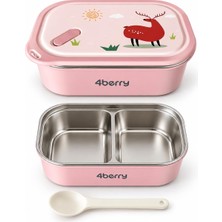 TemmuzX 2 Bölmeli Paslanmaz Çelik Yemek Termosu - Pembe Geyik Desenli Beslenme Kabı - 1000 Ml, Sızdırmaz, Kaşıklı