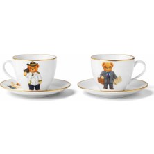 TemmuzX King Bear Porselen Ayıcıklı Çay Fincan Seti, 2 Kişilik, Altlıklı, Modern Tasarım, Beyaz