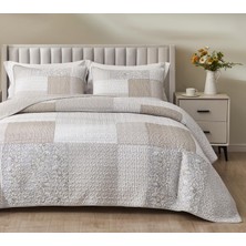 TemmuzX Quinn 3 Parça Nötr Boz Kahverengi Gri Beyaz Çiçekli Hibiscus Çiçek Şeker Çizgili Patchwork Yorgan Seti - Önceden Yıkanmış Pamuklu Örtü - Hafif Ters Çe