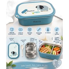 TemmuzX 2 Bölmeli Yemek Termosu - Mavi Fil Desenli Beslenme Kabı - 1000 Ml, Sızdırmaz, Kaşıklı, Paslanmaz Çelik