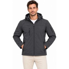 Serac Collection Erkek Su Geçirmez Softshell Içi Polar Astarlı Çıkarılabilir Kapüşonlu 4 Cepli Mont Ceket - Füme