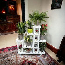 TemmuzX Ahşap (Çam) Beyaz Renk 6 Katlı Bitki Standı, Kilitlenebilir Tekerlekler + Mini Bahçe Set + My Bead Soyawax Kokulu Vegan Mum 50 cc