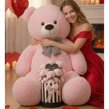 TemmuzX 90 cm Peluş Ayı & 6 Adet Pembe Ayıcık Buketi, Aynalı Mesajlı Silindir Kutu, Romantik Sevgiliye Hediye Seti