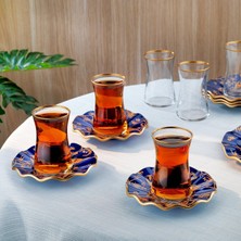 TemmuzX Schafer Golden Bird 6 Kişilik Cam Çay Seti 12 Parça-Lacivert