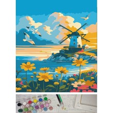TemmuzX Sayılarla Boyama Tuval Seti Fırça Boya Dahil (Çıtalı) 40X50 cm - Yel Değirmeni