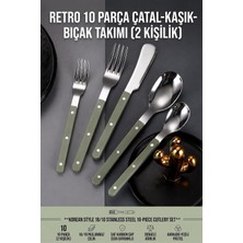 TemmuzX Kore Stili Retro 18/10 Paslanmaz Çelik 10 Parça Çatal Kaşık Bıçak Seti, Yeşil Karbon Saf Saplı 2 Kişilik Yemek Takımı 723565