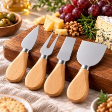TemmuzX 4 Parça Bambu Saplı Peynir Bıçağı ve Sunum Seti – Peynir Kesme ve Servis Aparatları