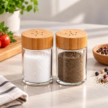 TemmuzX Bambu Kapaklı Borosilikat Cam Tuzluk Biberlik Seti – 2'li Tuzluk Seti - 4,5 x 7,5 cm