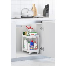 TemmuzX Beyaz 2 Katlı Tekerlekli Düzenleyici Mutfak ve Banyo Rafı