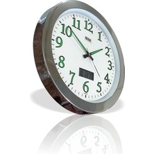 TemmuzX Dev Büyük 48 cm Krom Metal Çerçeve Fosforlu Duvar Saati Gece Karanlıkta Görünen Nemölçerli Termometreli Takvimli Sessiz Kayar Akar Saniyeli Dijitalli