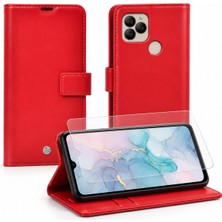 TemmuzX Constraın General Mobile 22 Ile Uyumlu Cüzdanlı Kartlıklı Standlı Kapaklı Suni Deri Telefon Kılıfı ve Ekran Koruyucu Cam Seti - Kırmızı