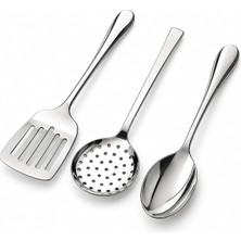 TemmuzX Paslanmaz Çelik 3 Parça Servis ve Pişirme Seti, Delikli Spatula, Kevgir ve Servis Kaşığı, Gümüş Renk