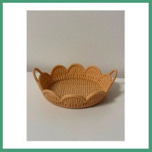 S'82 3D Baskı Hasır Görünümlü Yuvarlak Sepet Tepsi Kulplu Ratan Desenli Dekoratif Sunum Tepsisi Bej 22*20CM BZS82
