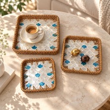 TemmuzX 3'lü Hasır Desenli Kare Tepsi Seti, 20 Cm, 17 cm ve 14 cm Iç Içe Geçen Servis Tepsileri, Kahvaltı, Çay, Kahve ve Ikram Sunumu Için Asorti Desenli Teps
