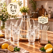TemmuzX Borosilikat Metal Kapaklı Çizgili Cam Sürahi ve 6'li Meşrubat Bardak Seti (2600 ml Sürahi + 6X250 ml Bardak + Cam Pipet Hediyeli)