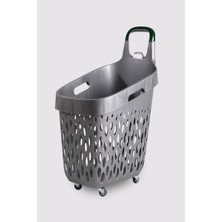 TemmuzX Tekerlekli Market Sepeti (Tekerlekli Alışveriş Sepeti Yeşil Saplı) 73 L Gri