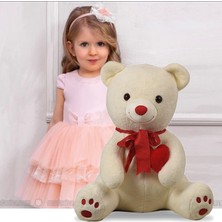 TemmuzX Sevgiliye Özel Hediye 80 cm Kalp Tutan Oturan Sevimli Peluş Ayı Beyaz