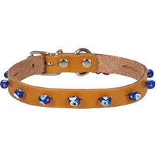 TemmuzX Gerçek Deriden El Yapımı Boncuklu Kedi Boyun Tasması 1,2X25-29 Cm, Camel
