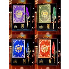 Wolawood Özel Tasarım Şifreli Deri Defter Doğal Tüylü Kalem Divit Hokka Seti & Mürekkep Şişesi, Kaligrafi Seti & Güzel Yazı Sanatı Kutulu Özel Hediye Paketi