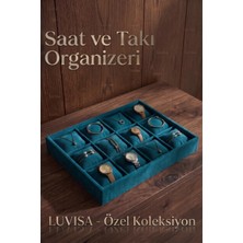 Büyük Çınar 12 Bölmeli Kadife Saat ve Bileklik Kutusu -Takı Organizeri-Petrol Mavisi