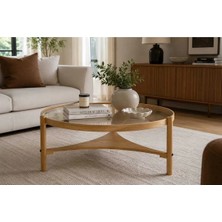 Klass Dekor Ceviz/ Meşe/ Beyaz/ Siyah Renk, Temperli Cam , Masif Doğal Ahşap Modern Iskandinav Tasarım Clover Salon Yuvarlak Orta Sehpası 100 x 46 cm