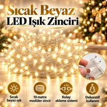 CoverZone Şeffaf Kablolu Sıcak Beyaz LED Işık Zinciri 8 Modlu Birbirine Eklenebilir Fişli Yılbaşı Ağacı Balkon Bahçe ve Dekoratif Süs Aydınlatması