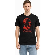 Milas Toptan Erkek Atatürk Baskılı Tişört Kısa Kollu Bisiklet Yaka T-Shirt - Siyah
