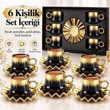 TemmuzX 6 Kişilik 12 Parça Türk Kahvesi Fincan Seti 100 ml Siyah Gold Detaylı Porselen