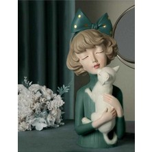 TemmuzX Dekoratif Kedili Kız Heykel Biblo, 32X12 Cm, El Boyalı Polyester Figür