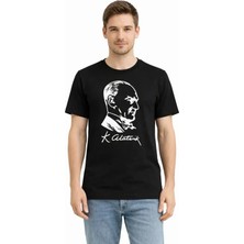 Milas Toptan Erkek Atatürk Baskılı Tişört Kısa Kollu Bisiklet Yaka T-Shirt - Siyah