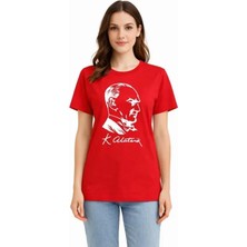 Milas Toptan Atatürk Baskılı Tişört Kısa Kollu Bisiklet Yaka T-Shirt - Kırmızı