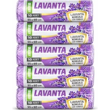 TemmuzX Orta Boy, Lavanta Kokulu Büzgülü Çöp Torbası, 55X60 Cm, 40 Litre, Çöp Poşeti, Su Geçirmez, Kalın, Kokulu, 5 Paket 50 Adet (Orta Boy, Lavanta Kokulu)