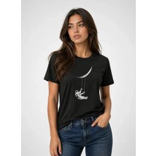 Milas Toptan Astronot Ay Temalı Tişört Kısa Kol Yazlık Bisiklet Yaka T-Shirt - Siyah