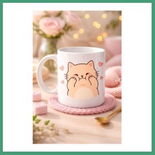 S'82 Sevimli Kedi Tasarımlı Porselen Kupa Model 193 – Kalpli Cute Cat Baskılı Kahve Kupası – Sevgiliye Hediye Sevimli Kupa BZS82