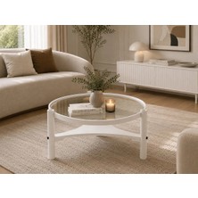 Klass Dekor Ceviz/ Meşe/ Beyaz/ Siyah Temperli Cam Masif Ahşap Balkon- Hol- Koridor- Mutfak- Salon- Ofis Yuvarlak Clover Yan Sehpa Çap 60 cm