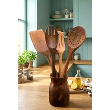 Kitchen Life 5 Parça Standlı Akasya Servis Takımı Servis Kaşık Kepçe Seti