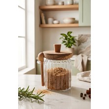 Kitchen Life 450 ml Akasya Kapaklı Vakumlu Çizgili Kaşıklı Kavanoz Şekerlik Baharatlık