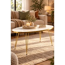Odera Beyaz Oval Çekmeceli Orta Sehpa 90X50 cm Metal Ayaklı Modern Salon Sehpası