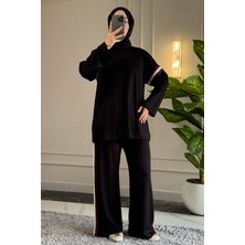 Suede Style 6694 - Şık Rahat Salaş Şerit Detaylı Modal Kumaş Alt Üst Tesettür Takım
