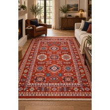 Ela Home Barguz Otantik Anadolu Kilim Desenli Kırmızı Kaymaz Tabanlı Salon Odası Robot Süpürge Uyumlu Hali