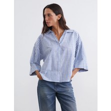 LC Waikiki Lcw Vision Mavi Çizgili Oversize Poplin Kadın Gömlek