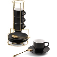 TemmuzX 4 Oz Espresso Bardakları, Tabaklar, Kaşıklar ve Metal Stand, Küçük Istiflenebilir Kahve Fincanları 4'lü Set, Nespresso Lungo Için Seramik Demitasse Ba