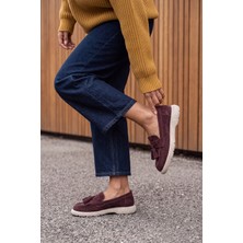 Marjin Kadın Hakiki Deri Loafer Günlük Ayakkabı Suma Bordo Süet
