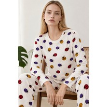 Miss Art Kadın Desenli Ikili Beyaz Rahat Pijama Takımı 4829