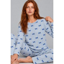 Miss Art Kadın Desenli Ikili Mavi Rahat Pijama Takımı 4815
