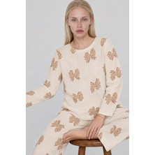 Miss Art Kadın Desenli Uzun Kollu Krem Pijama Takımı 4762