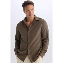 Defacto D7246 Haki Modern Fit Polo Yaka Dokuma Uzun Kollu Gömlek