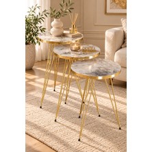 Odera Efes Beyaz Mermer Desenli Yuvarlak Zigon Sehpa 3'lü Set Pvc Kenarlı Metal Ayaklı Retro Salon Sehpası