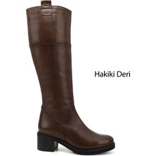 Gönderi(r) Kadın Kahve  Fermuarlı Kalın Topuklu Hakiki Deri Çizme